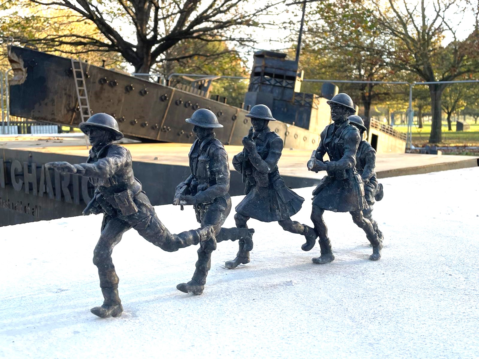 Bronze commandos, representing a protection party leaving the Campbeltown on their way to protect their comrades who were carrying out various acts of sabatage around the Normandie dock at St Nazaire during The St Nazaire Raid. Operation Chariot.